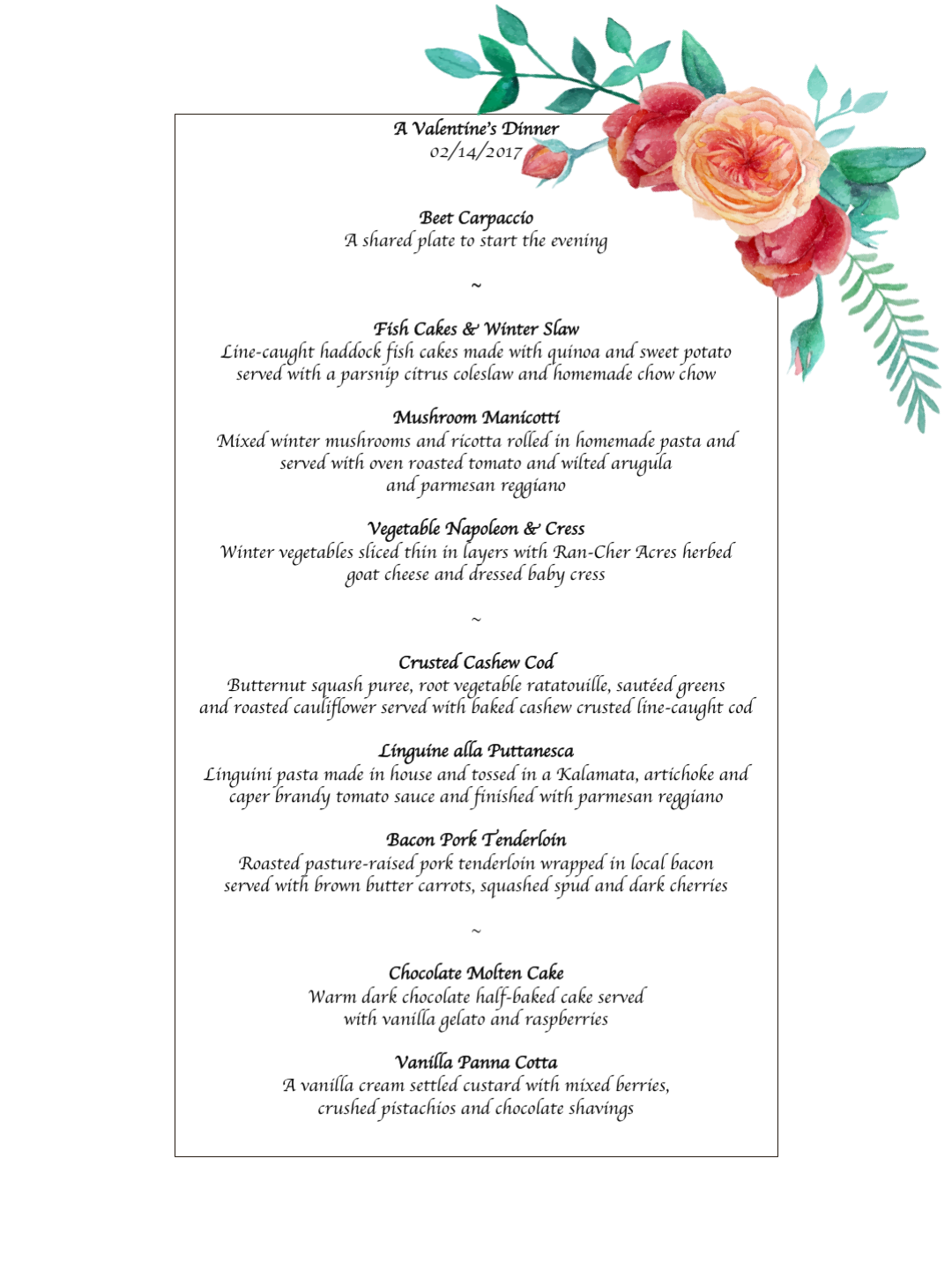 Uprooted Valentines Day Dinner 2017 Menu